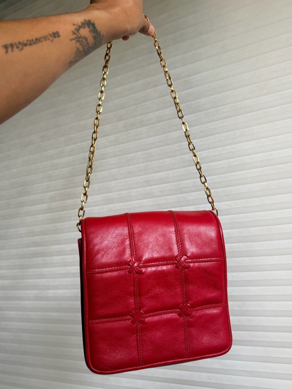 Vintage Valerie Stevens Red Leather Quilted Crossbody Bag Gold Chain Strap